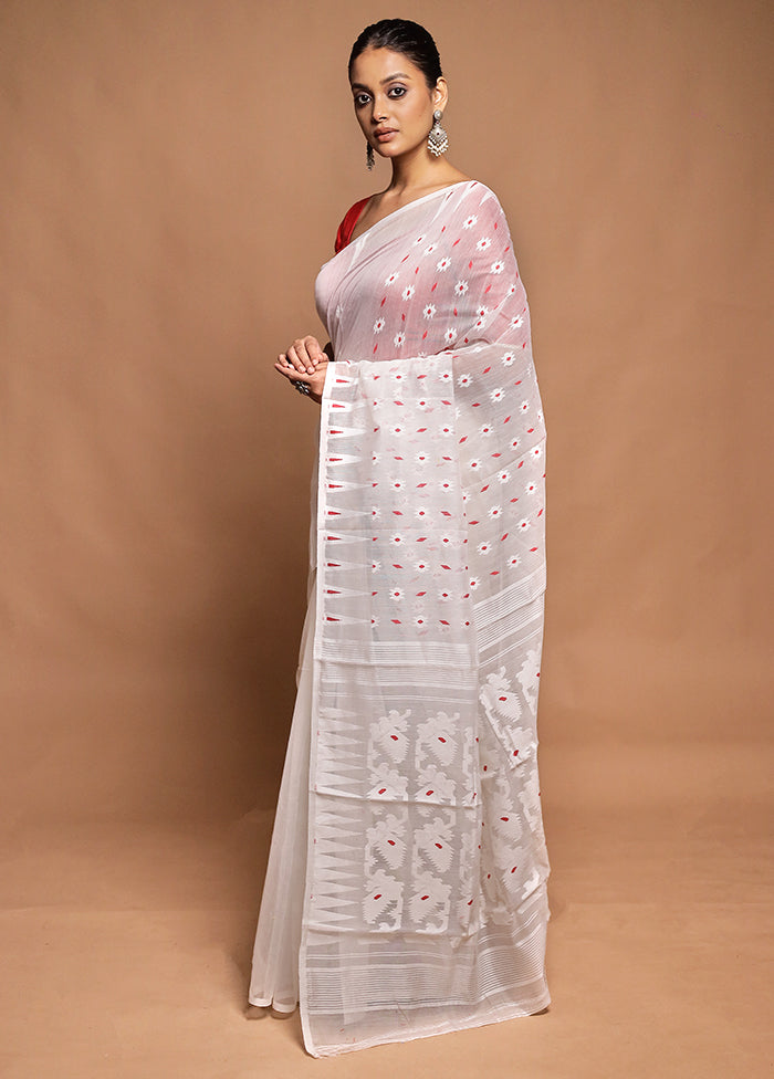 White Tant Jamdani Saree Without Blouse Piece