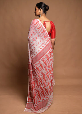 White Tant Jamdani Saree Without Blouse Piece