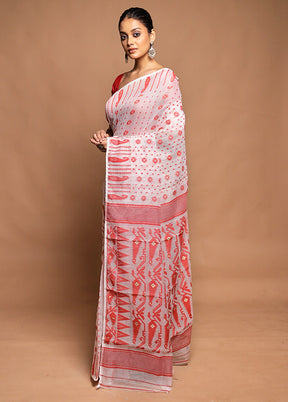 White Tant Jamdani Saree Without Blouse Piece