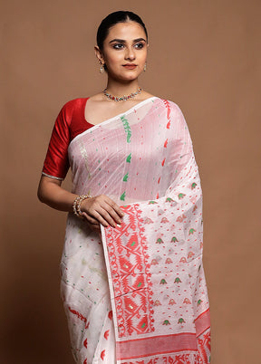 White Tant Jamdani Saree Without Blouse Piece