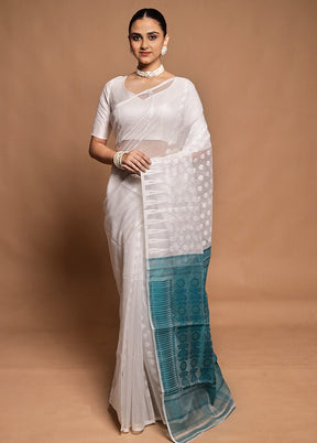 White Tant Jamdani Saree Without Blouse Piece