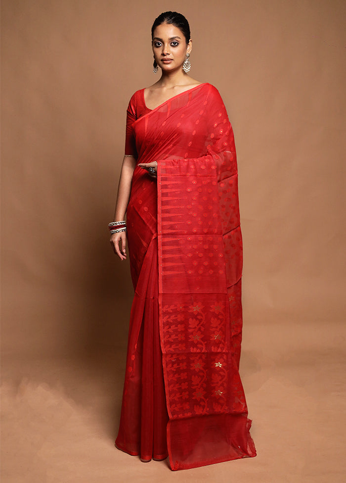 Red Tant Jamdani Saree Without Blouse Piece