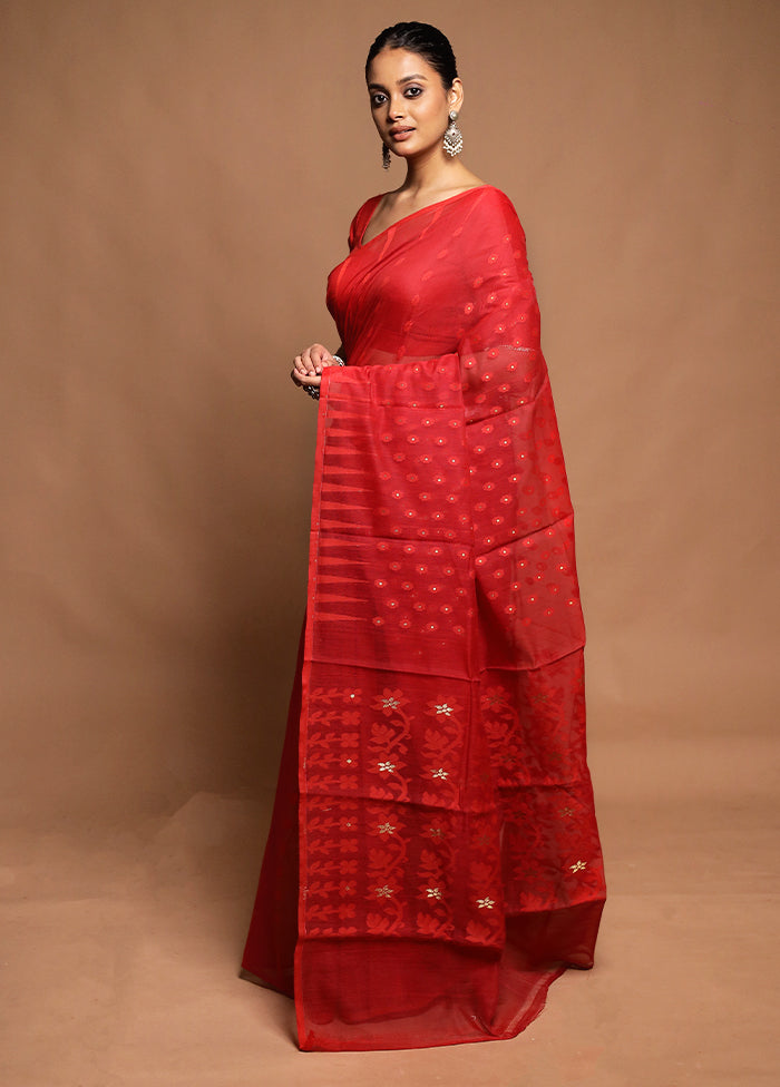 Red Tant Jamdani Saree Without Blouse Piece