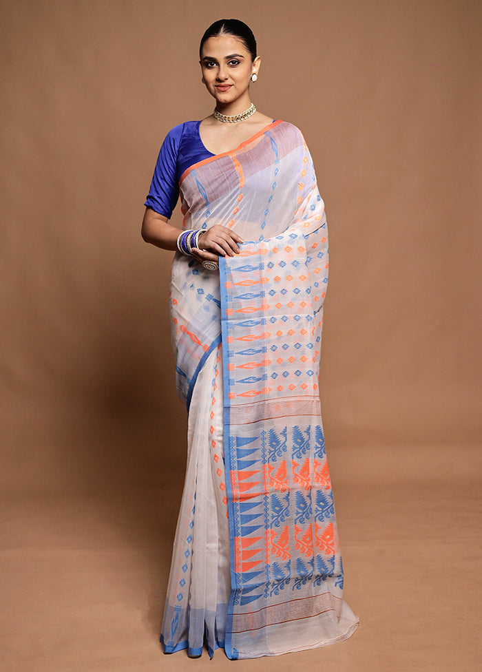 White Tant Jamdani Saree Without Blouse Piece