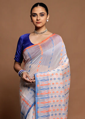 White Tant Jamdani Saree Without Blouse Piece