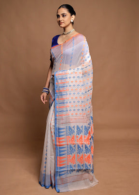 White Tant Jamdani Saree Without Blouse Piece
