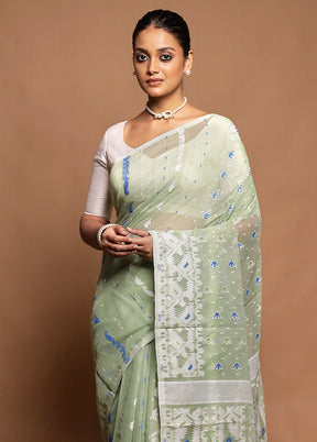 Green Tant Jamdani Saree Without Blouse Piece