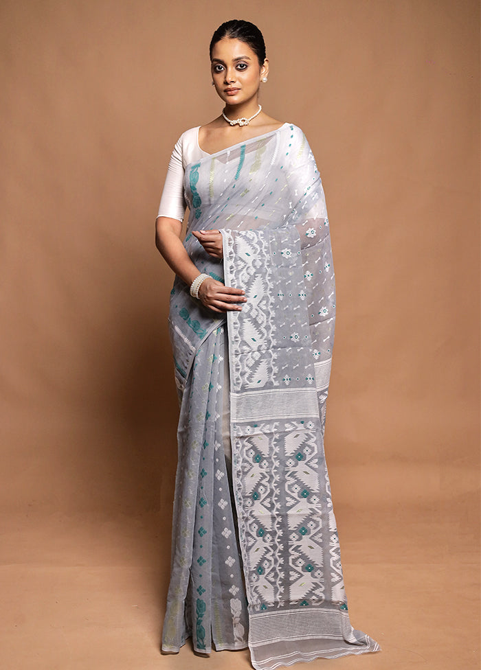 Grey Tant Jamdani Saree Without Blouse Piece