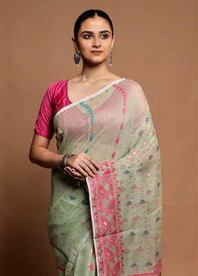 Green Tant Jamdani Saree Without Blouse Piece