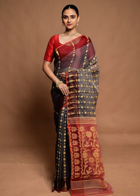 Maroon Tant Jamdani Saree Without Blouse Piece