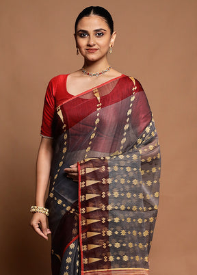 Maroon Tant Jamdani Saree Without Blouse Piece