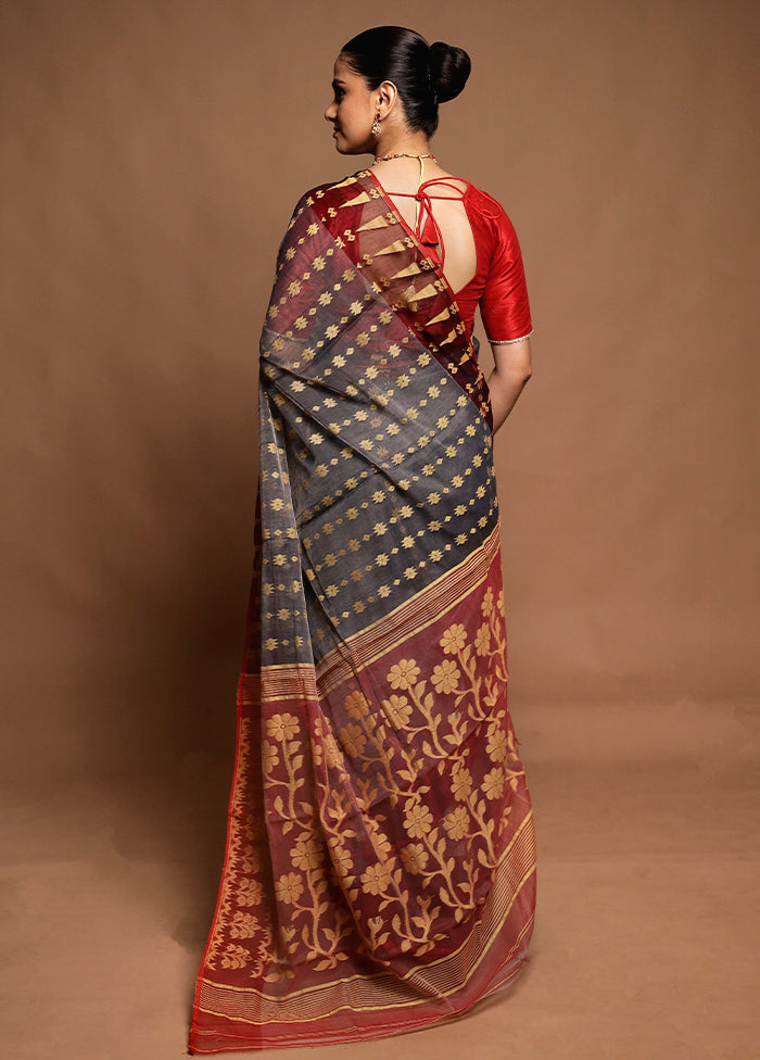 Maroon Tant Jamdani Saree Without Blouse Piece