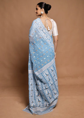 Blue Tant Jamdani Saree Without Blouse Piece