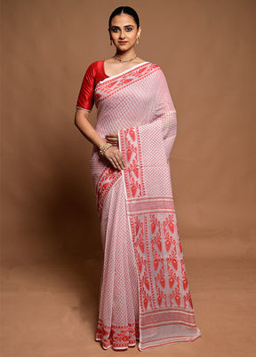 White Tant Jamdani Saree Without Blouse Piece