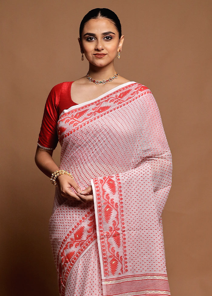 White Tant Jamdani Saree Without Blouse Piece