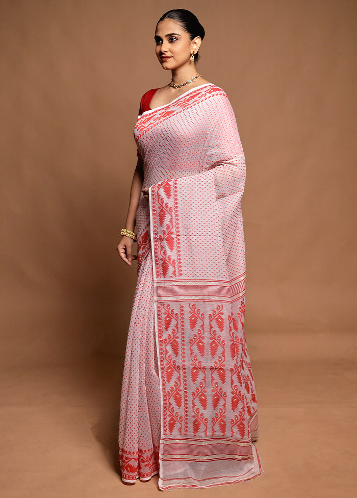 White Tant Jamdani Saree Without Blouse Piece