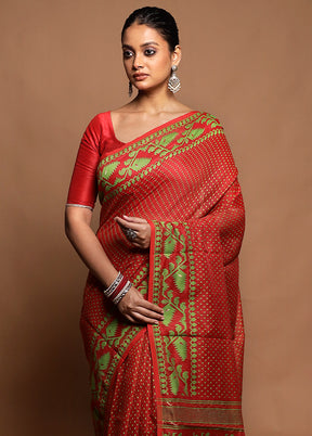 Red Tant Jamdani Saree Without Blouse Piece