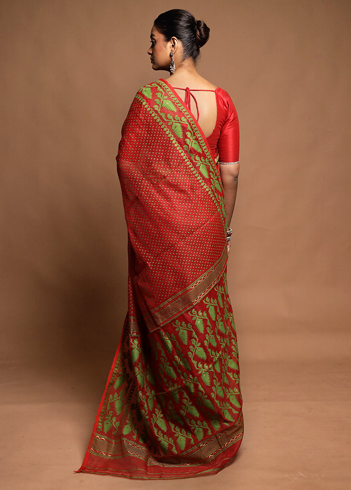 Red Tant Jamdani Saree Without Blouse Piece