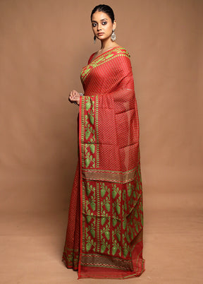 Red Tant Jamdani Saree Without Blouse Piece