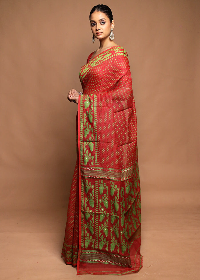 Red Tant Jamdani Saree Without Blouse Piece
