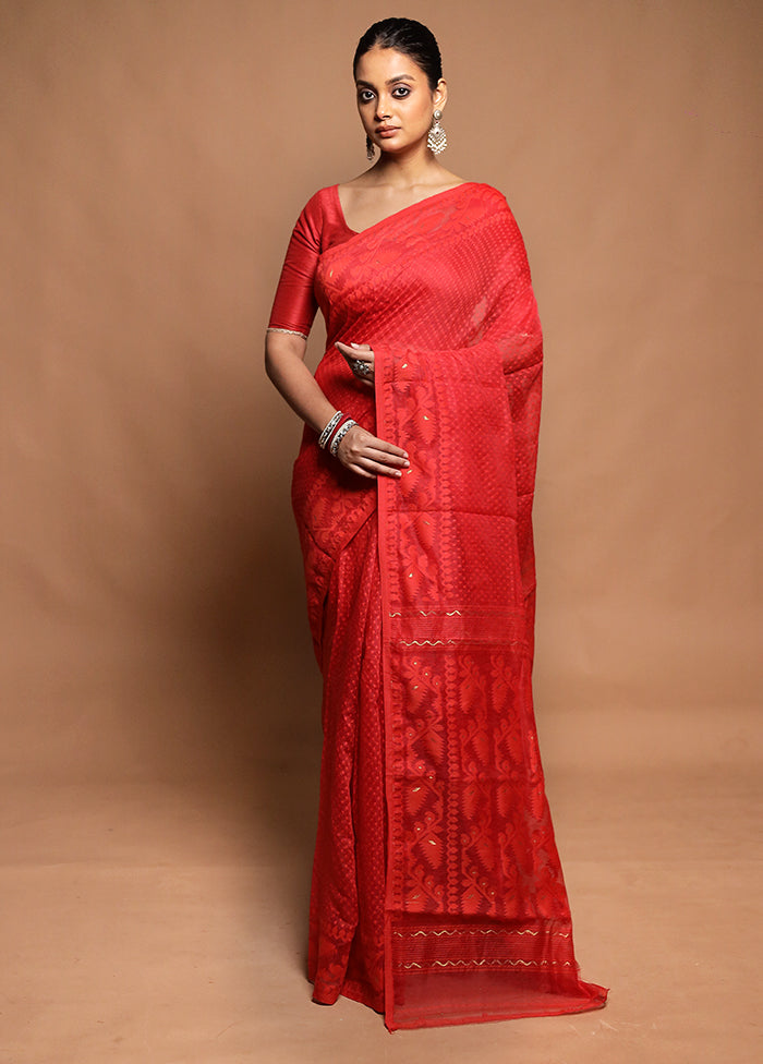 Red Tant Jamdani Saree Without Blouse Piece