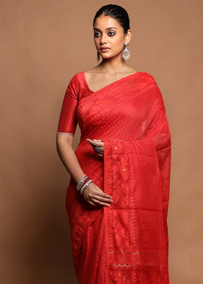Red Tant Jamdani Saree Without Blouse Piece