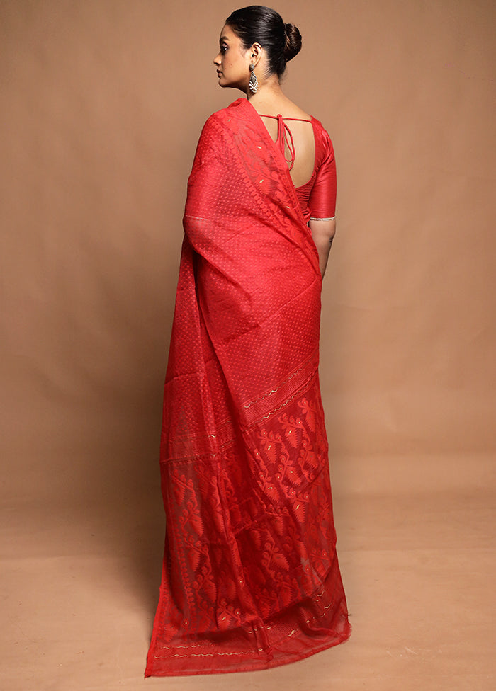 Red Tant Jamdani Saree Without Blouse Piece