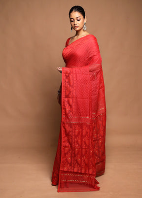 Red Tant Jamdani Saree Without Blouse Piece