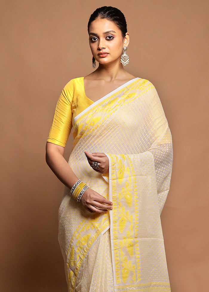 White Tant Jamdani Saree Without Blouse Piece