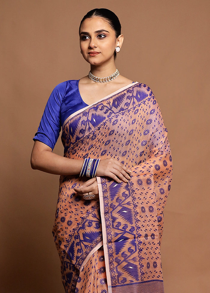 Peach Tant Jamdani Saree Without Blouse Piece