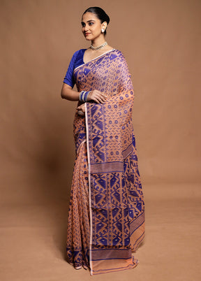 Peach Tant Jamdani Saree Without Blouse Piece