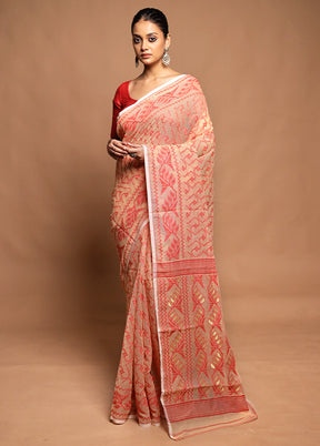 Peach Tant Jamdani Saree Without Blouse Piece