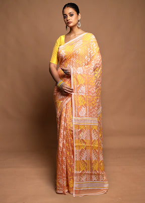 Peach Tant Jamdani Saree Without Blouse Piece