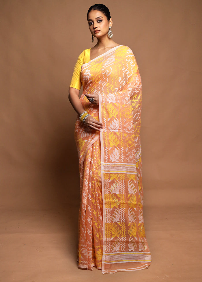 Peach Tant Jamdani Saree Without Blouse Piece