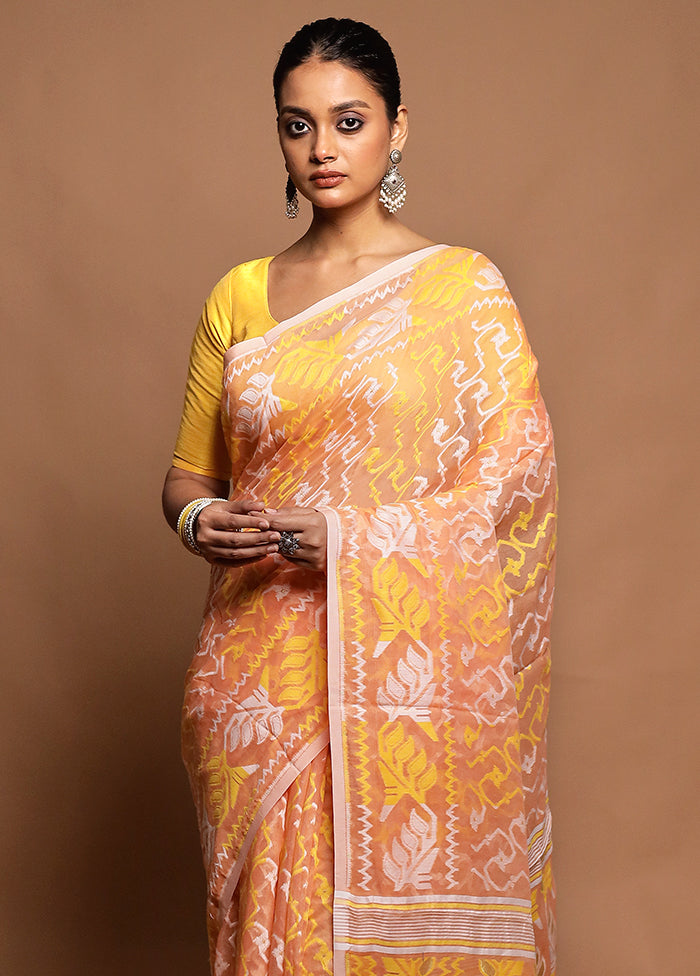 Peach Tant Jamdani Saree Without Blouse Piece