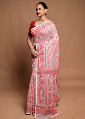 White Tant Jamdani Saree Without Blouse Piece