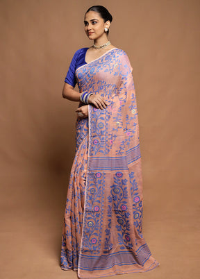 Peach Tant Jamdani Saree Without Blouse Piece