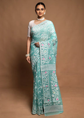 Green Tant Jamdani Saree Without Blouse Piece
