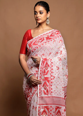 White Tant Jamdani Saree Without Blouse Piece