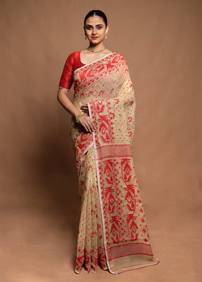 Cream Tant Jamdani Saree Without Blouse Piece