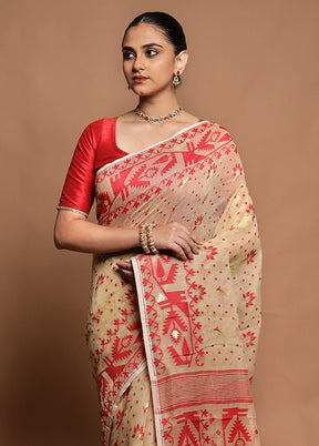 Cream Tant Jamdani Saree Without Blouse Piece