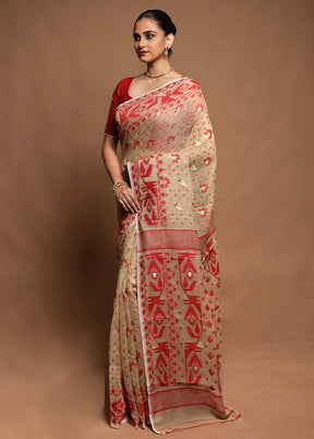 Cream Tant Jamdani Saree Without Blouse Piece