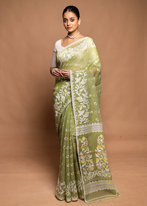 Green Tant Jamdani Saree Without Blouse Piece