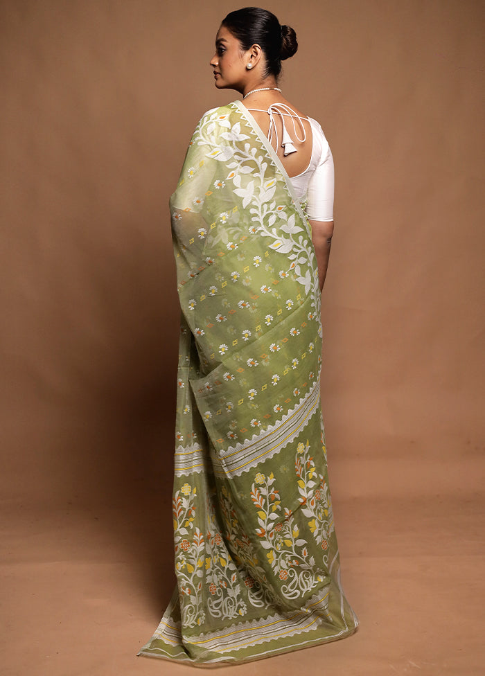 Green Tant Jamdani Saree Without Blouse Piece