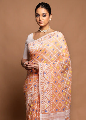 Peach Tant Jamdani Saree Without Blouse Piece