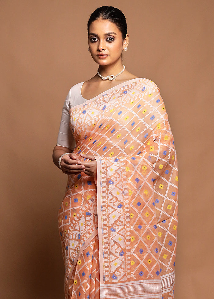 Peach Tant Jamdani Saree Without Blouse Piece