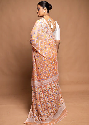 Peach Tant Jamdani Saree Without Blouse Piece