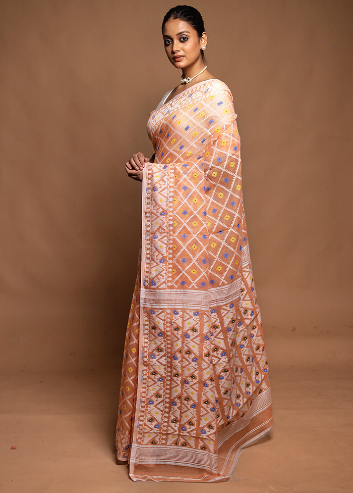 Peach Tant Jamdani Saree Without Blouse Piece