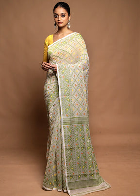 White Tant Jamdani Saree Without Blouse Piece