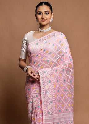 Pink Tant Jamdani Saree Without Blouse Piece